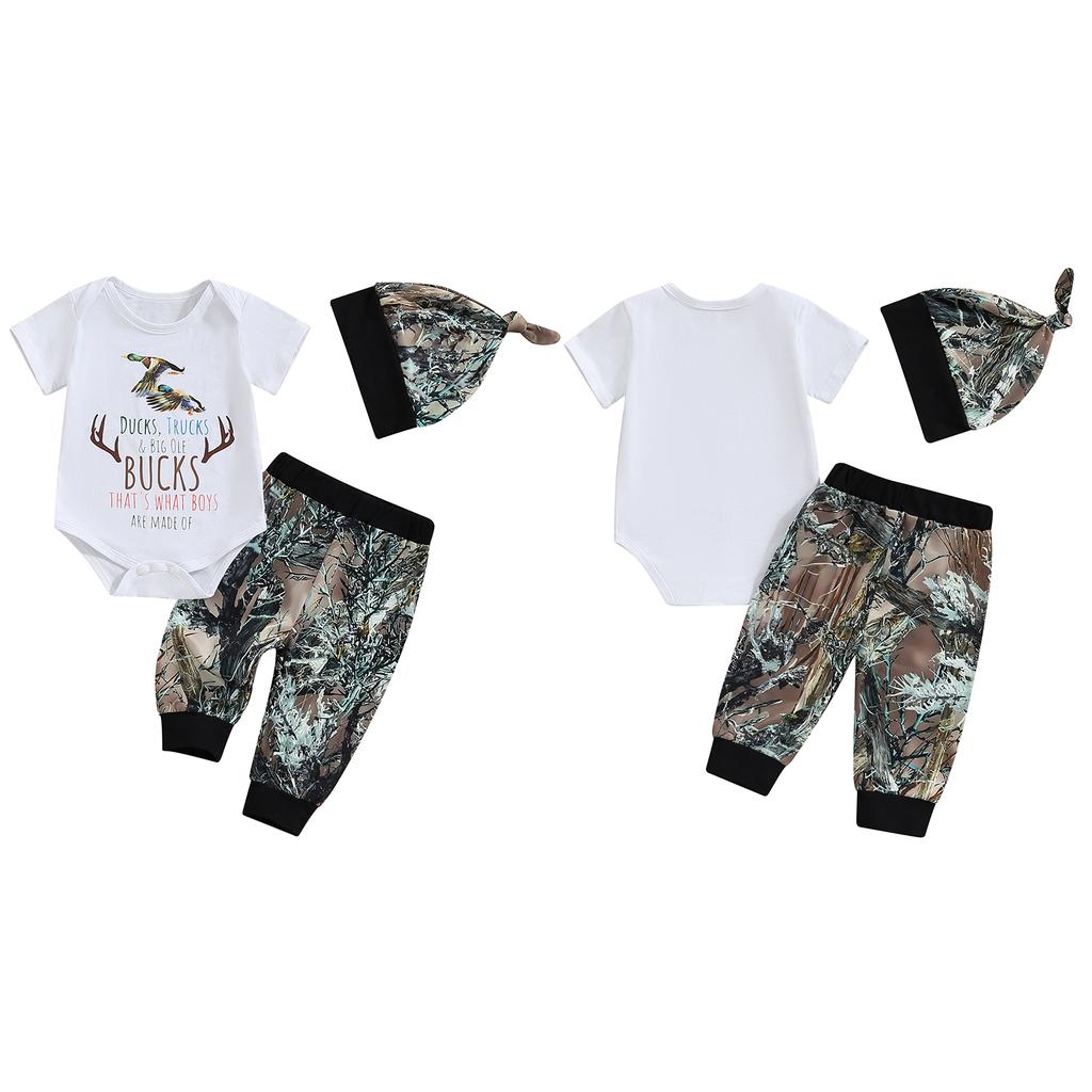 Baby Boys 3PCS Outfit Sets White Short Sleeve O Neck Romper Pattern Print Pants Hat Sets