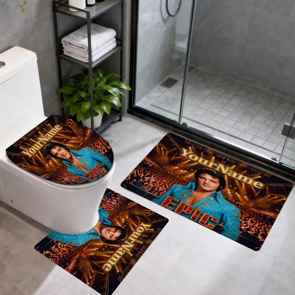 Elvis 3Pcs Personalized Name Bathroom Mat Set Toilet Lid Cover Ushaped Foot Mat Nonslip Floor Mat For Bathroom