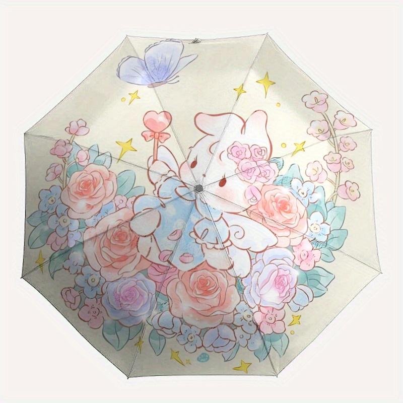 1pc Beautiful Bunny Fully Automatic Folding Portable Umbrella, 8 Iron Frames, Three-Fold Design, Suitable for All Seasons, Suitable for Outd