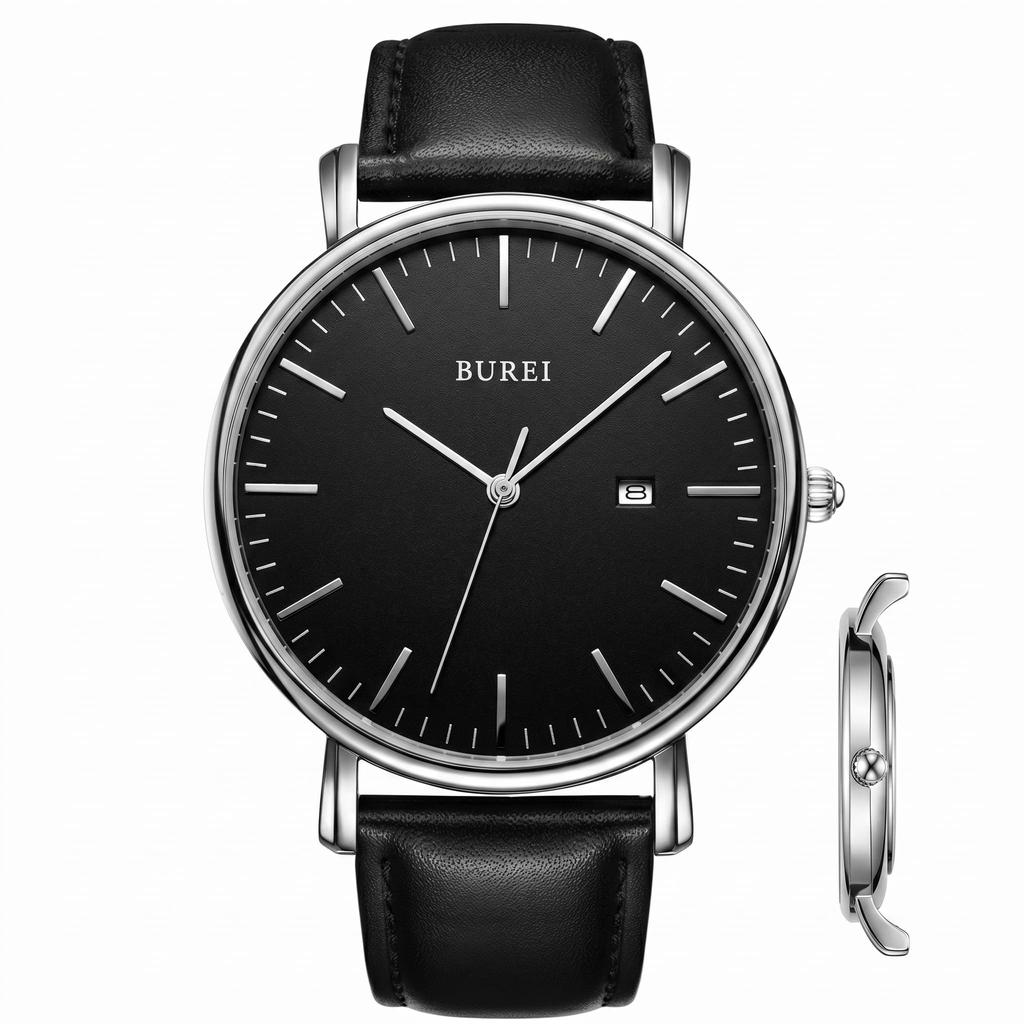 BUREI Men's Watch Made in Japan, Quartz, Simple, Stylish, Slim, Date Function, Water-Resistant, Black