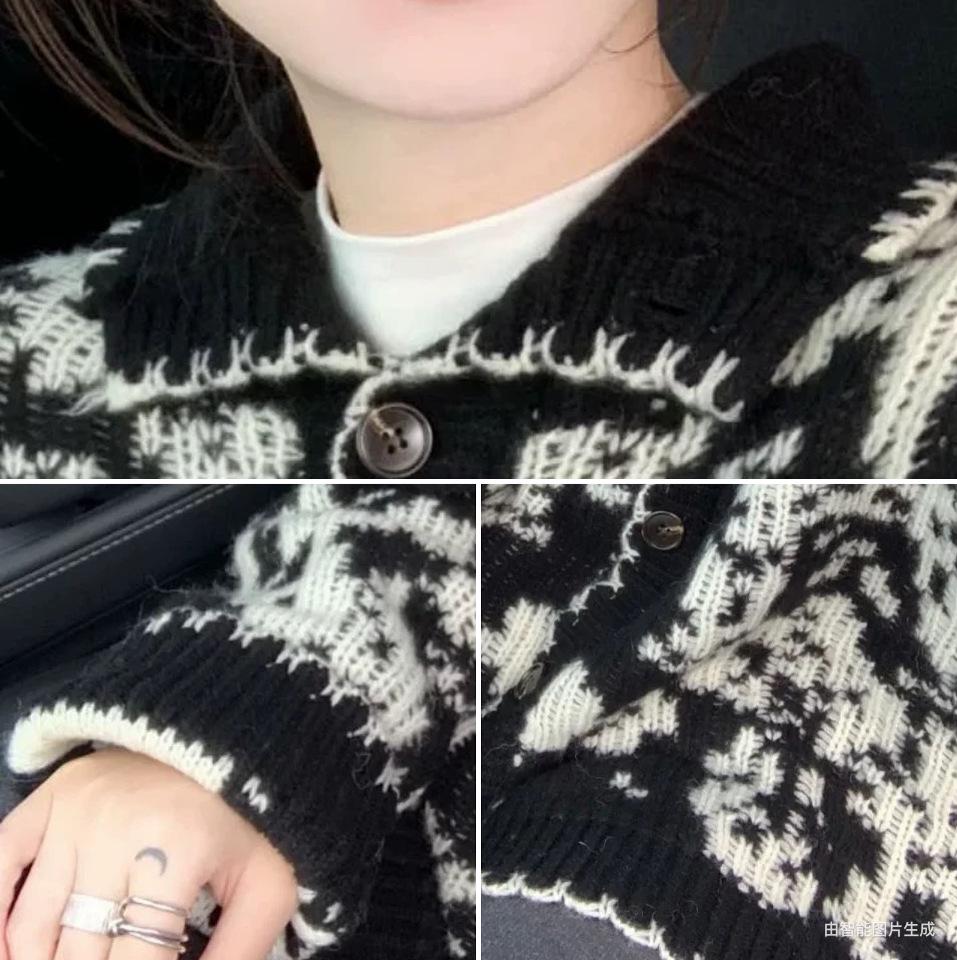 Women's Retro Fair Isle High-Neck Sweater Coat - Black & White Color Block, Soft & Thickened for Autumn/Winter, Old Money Style.