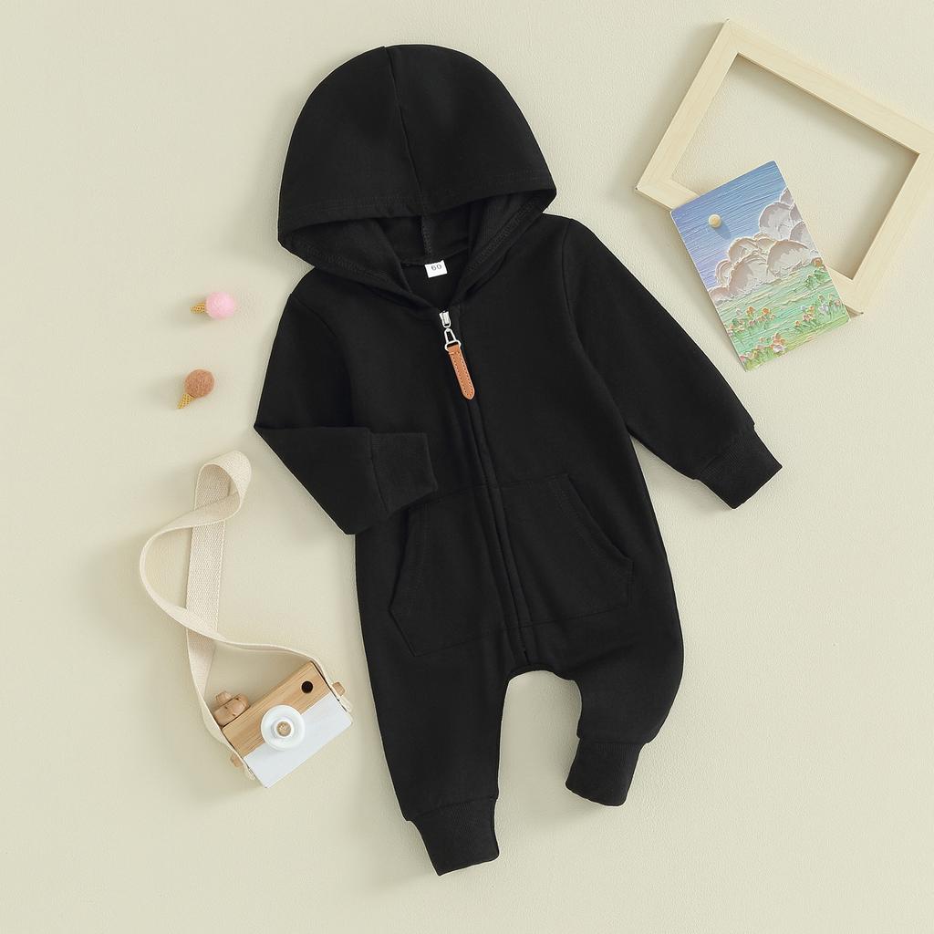 Baby Jumpsuit, Long Sleeve Hooded Zip-up Solid Fall Romper Clothes for Boys Girls