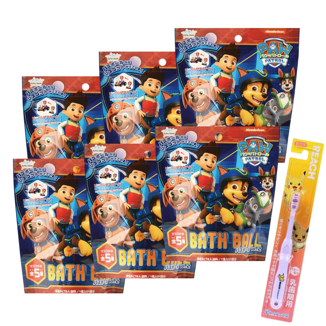 

[Набор из 6 штук] Соль для ванны Paw Patrol от Nor Corporation, Paw Patrol 2, Разнообразные бурлящие шары для ванны с игрушками, Шипучие товары для ванны, В комплекте бонусная зубная щетка