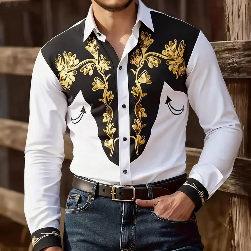 Western Style Long Sleeve Shirt with Golden Floral Embroidery, Trendy and Eye-catching
