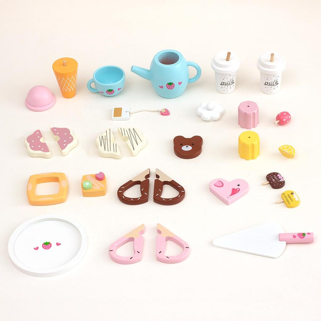 Children's Pretend Play Handbag: Candy Dessert Cake & Ice Cream Wooden Kitchen Toy Set - Pink