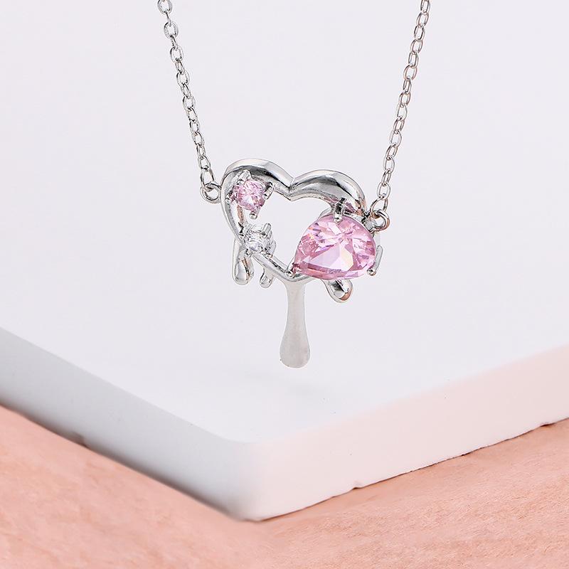 Metallic Water Droplets Liquefied Love Necklace Pendant Sweet Cool Wind Pink Zircon Heart Short Neck Chain Collarbone Chain Personality