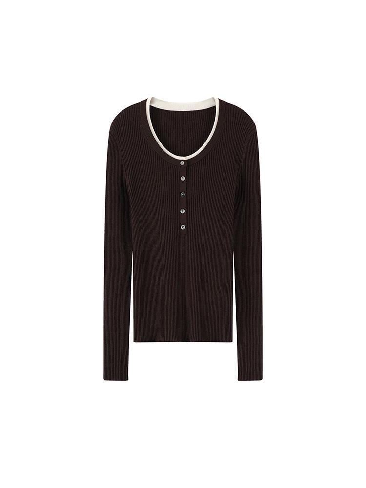 Elegant 60s Count Wool Round Neck Slimming Sweater - Women's Spring/Autumn Style, Faux Two-Piece Design