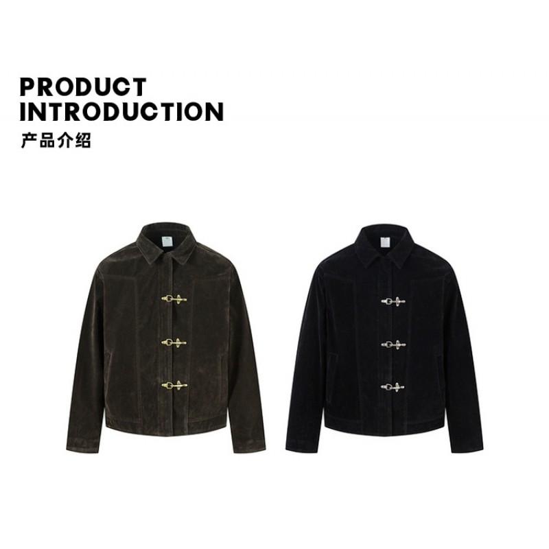 Unisex Vintage Suede-Style Cropped Jacket With Patchwork Detail Loose Fit Outerwear