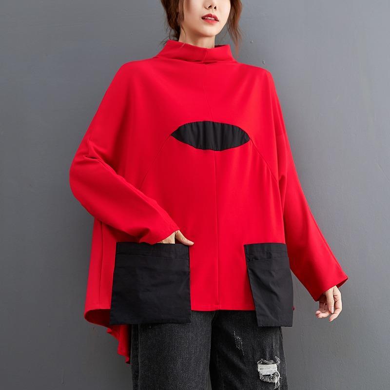 Plus Size Women Black Loose Pocket Irregular Big Size Tops Turtleneck Long Sleeve Spring Autumn Patchwork Hoodie Sweatshirt