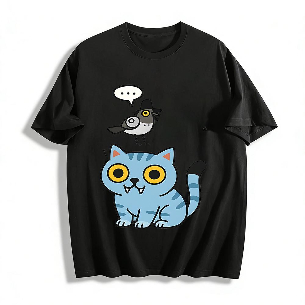 Cute Cartoon Bird & Blue Cat Print T-shirt Unisex Casual Loose Top Funny Animal Graphic Tee Pure cotton T-shirt XXS