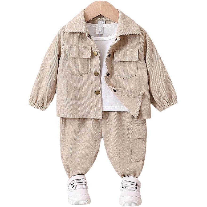 Beige Children's Autumn/Winter Suit: Stylish Baby Boy Long-Sleeve Jacket and Trousers Combo