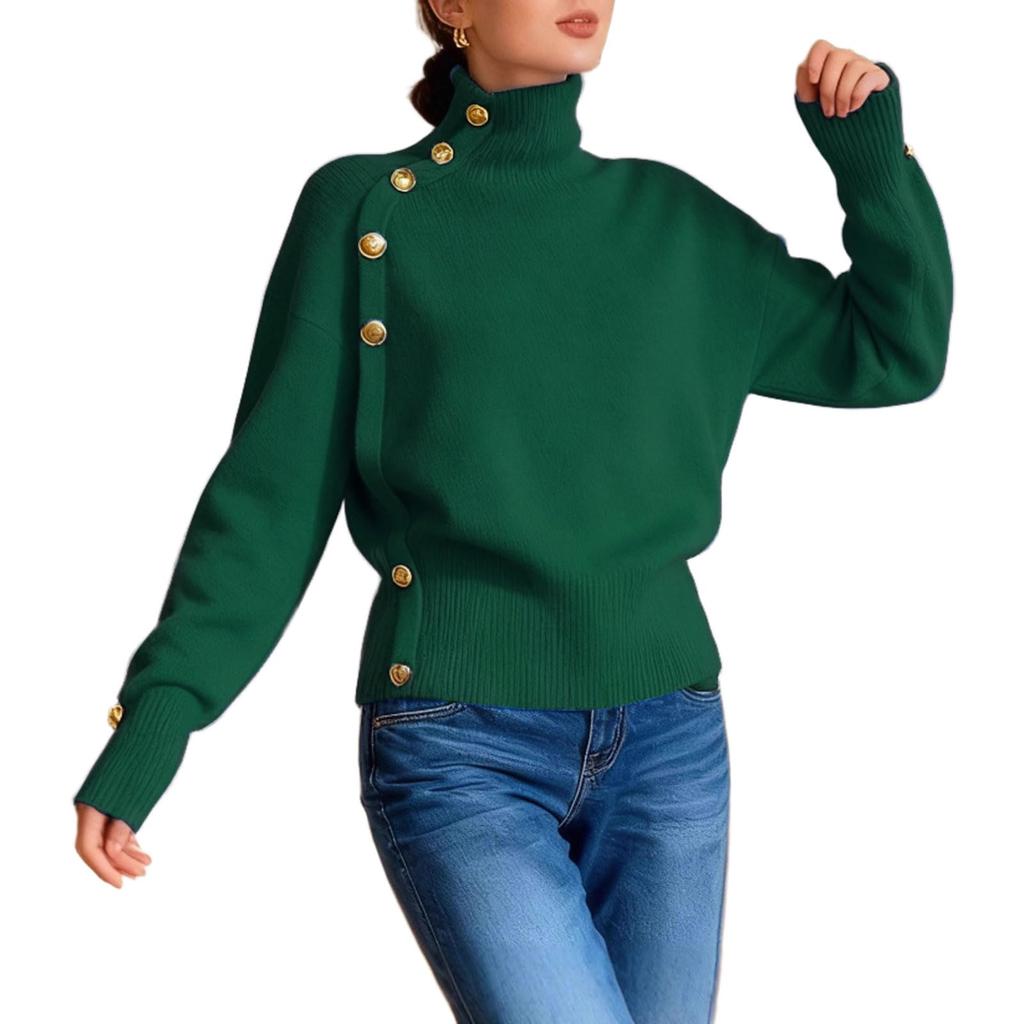 Women's Loose Comfortable Casual Fashion Knit Sweater With Buttons And High Neck