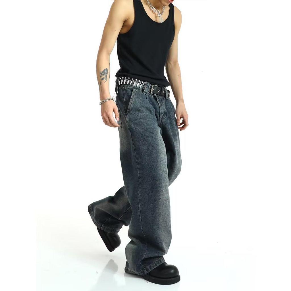 Men's American Retro Wide-Leg High Street Washed Jeans - Loose, Casual, Large-Size Trousers
