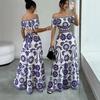 Summer new European and American holiday style one-word shoulder printing long dress women's waist design dress