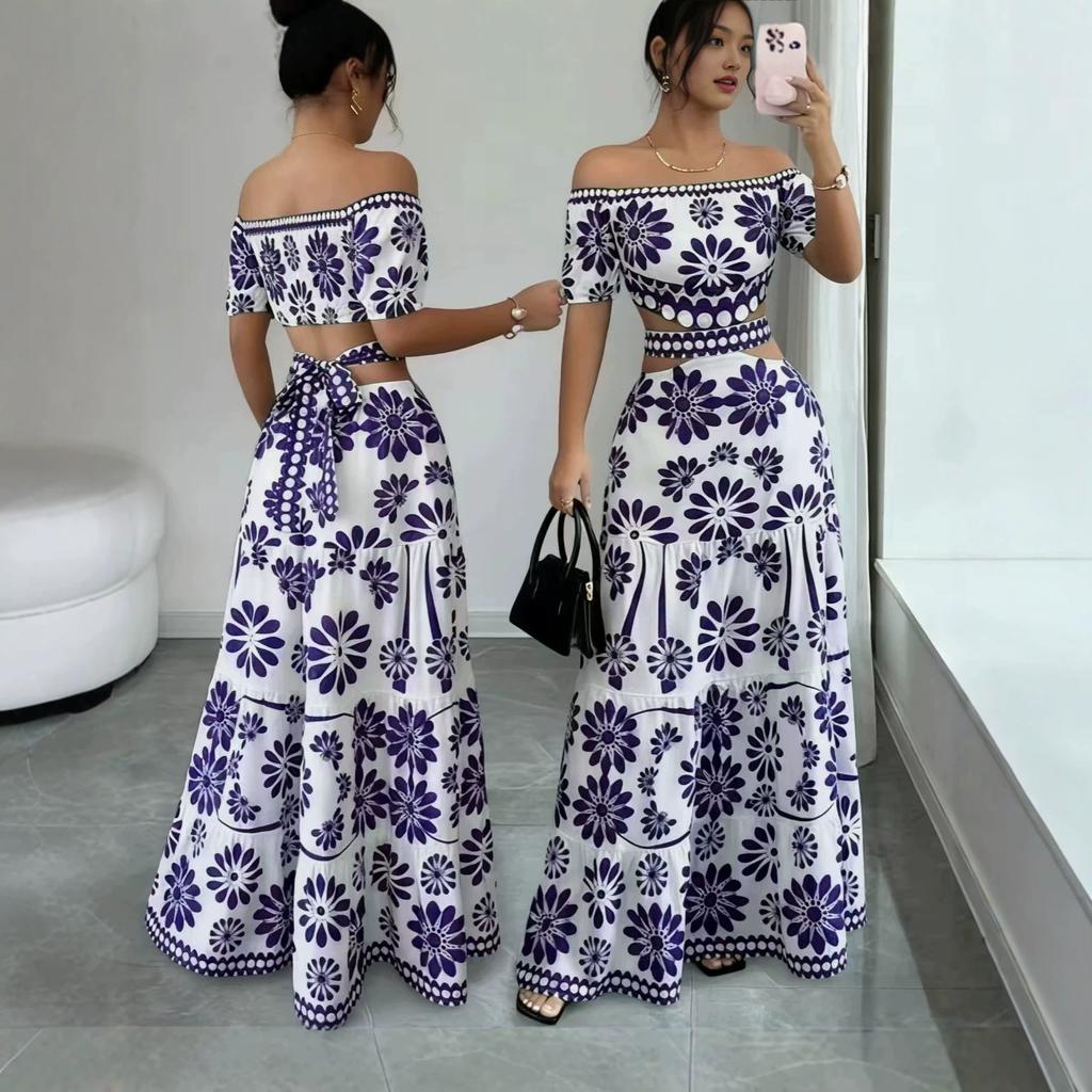 Summer new European and American holiday style one-word shoulder printing long dress women's waist design dress
