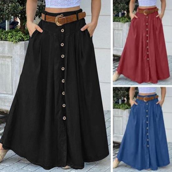 Long Skirt Breathable High Waist Casual Trendy Button A-line Decoration Female Garment