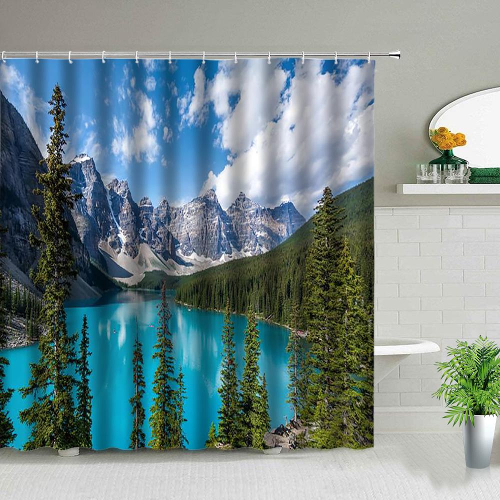 Forest Landscape Shower Curtains Green Tropical Plant Palm Tree Flower Leaves Garden Natural Scenery Bathroom Decor Bath Curtain