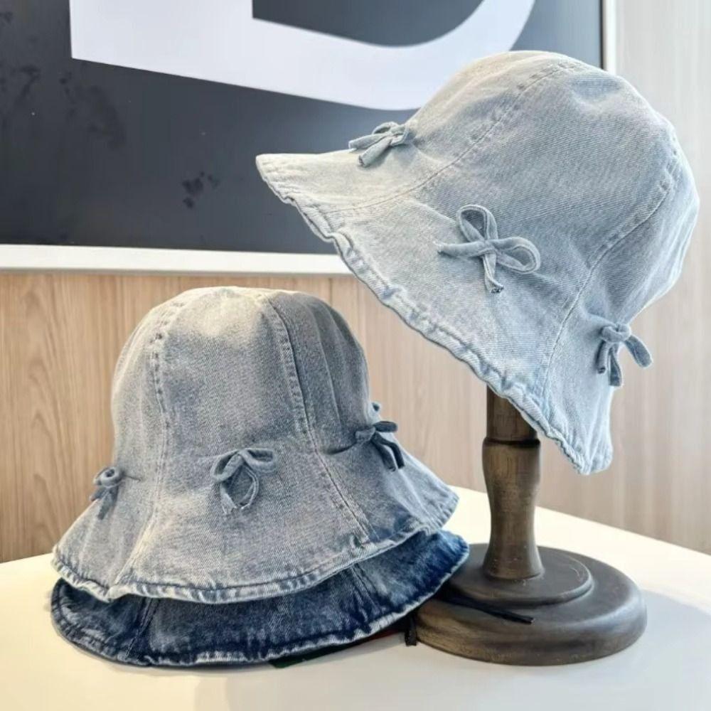 Korean Style Bow Fisherman Hat Sweet Sunscreen Hat Fashion Denim Bucket Hats  For Women