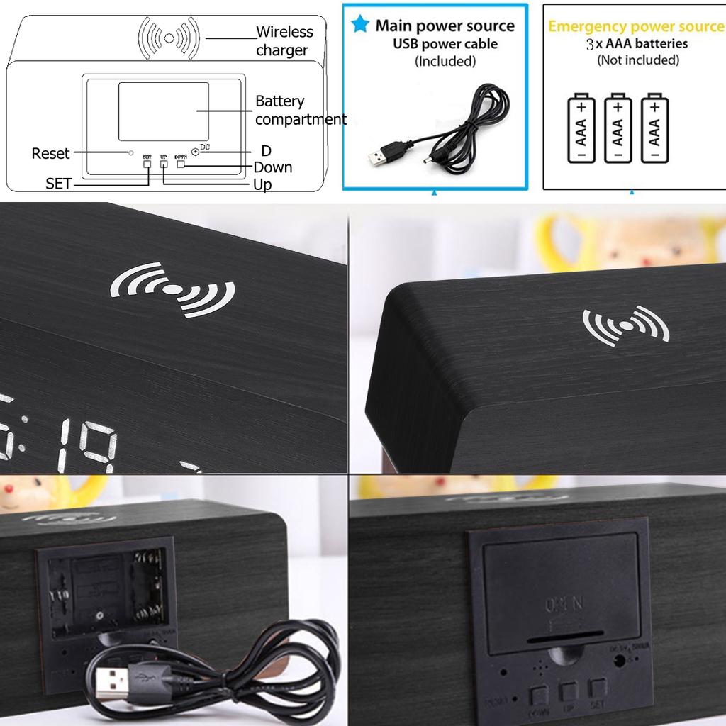 Buy 20W 4 Colors Wooden Alarm Clock with Qi Wireless Charging Pad