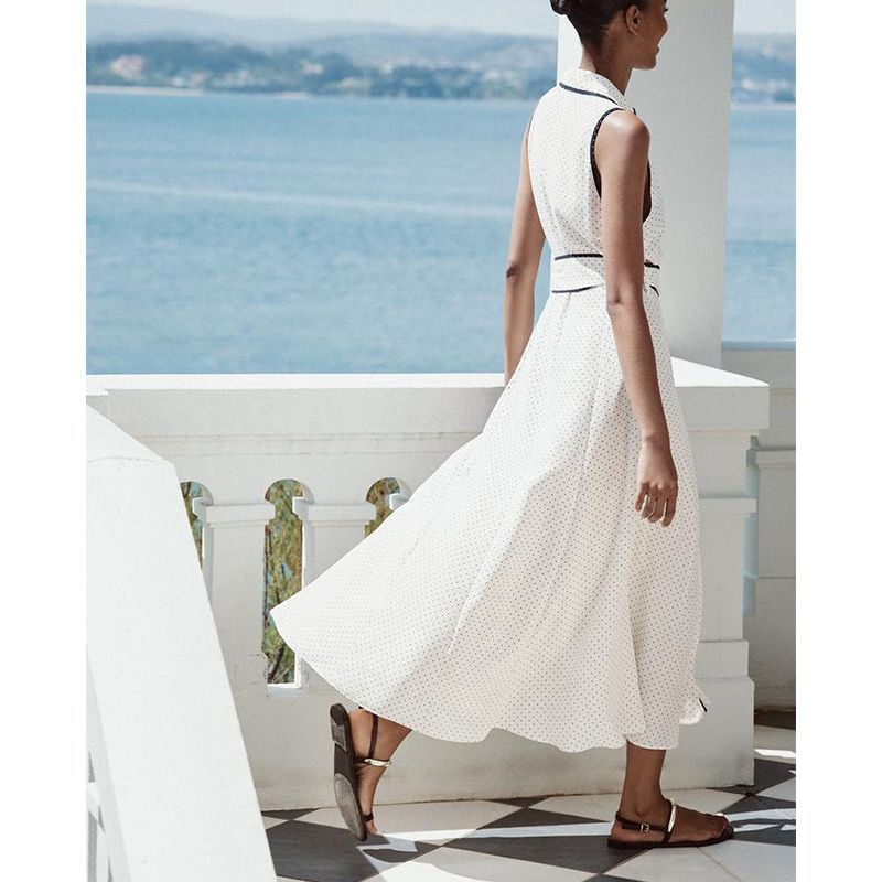 Summer Women's Clothing Color Contrast Patchwork Lapel Sleeveless Polka Dot Shirt Style Midi Skirt Dress 3689750