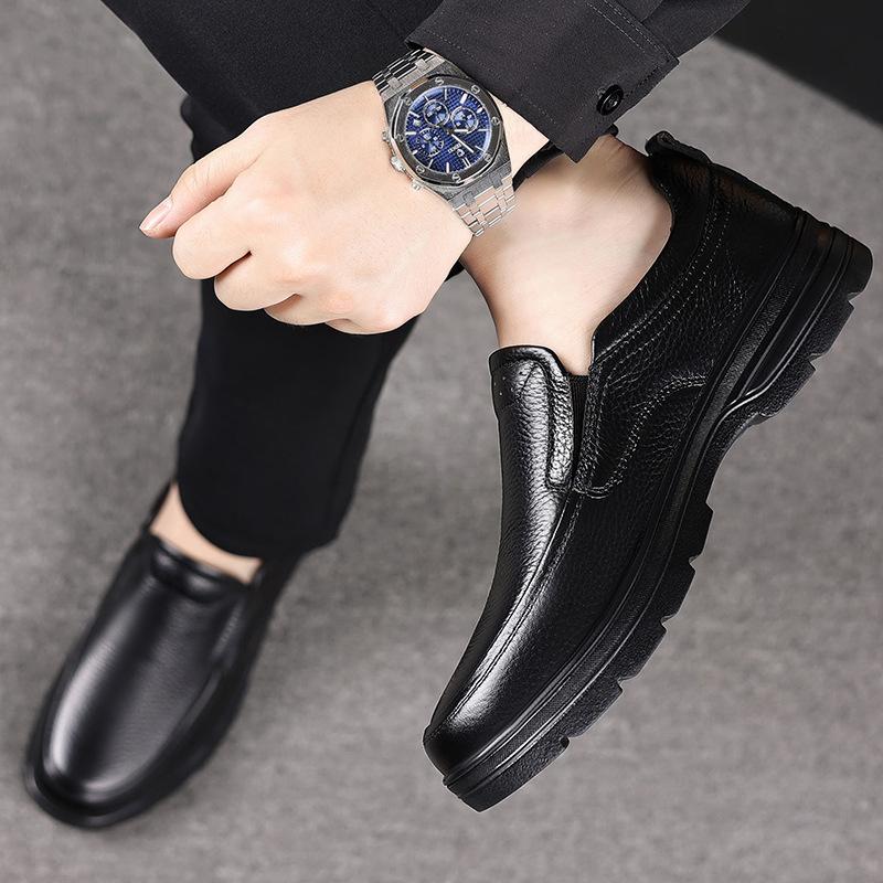 Cowhide leather shoes men's business new non-slip breathable middle-aged and elderly dad soft-soled casual velvet men's shoes