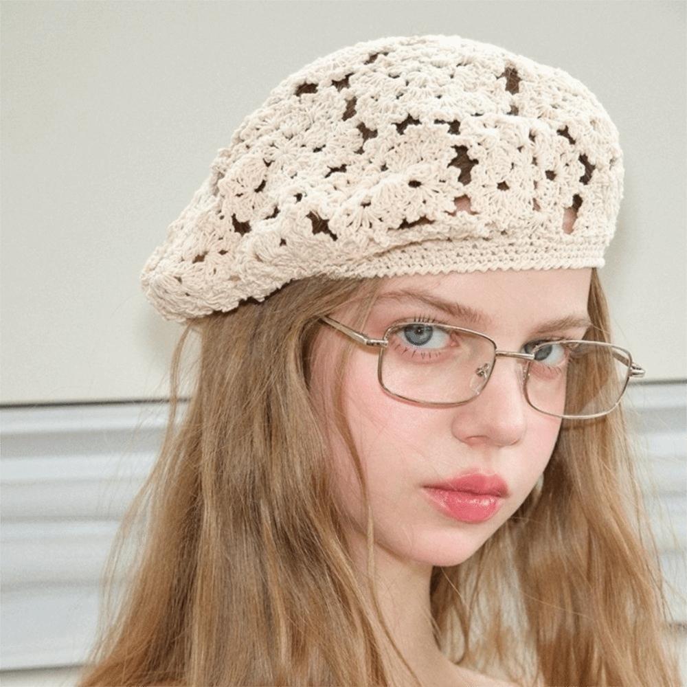 Japanese Style Hollowed Out Beret Breathable Crochet Knitted Cap Fashion Flower Hat  Party
