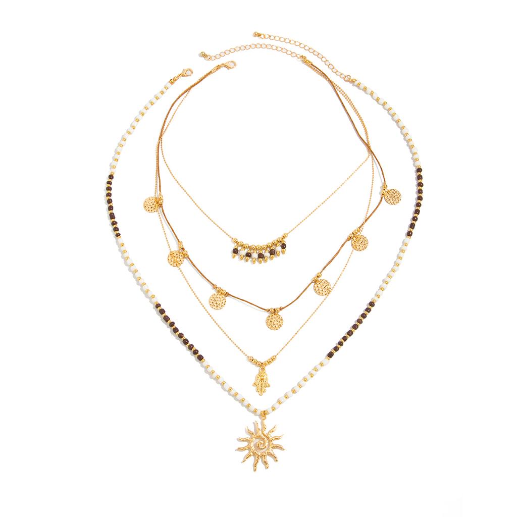 SHIXIN 2 Pcs/Set Vintage Multilayer Stacked Beads Chain Necklace for Women Boho Sequin Sun Pendant Necklace Jewelry on the Neck