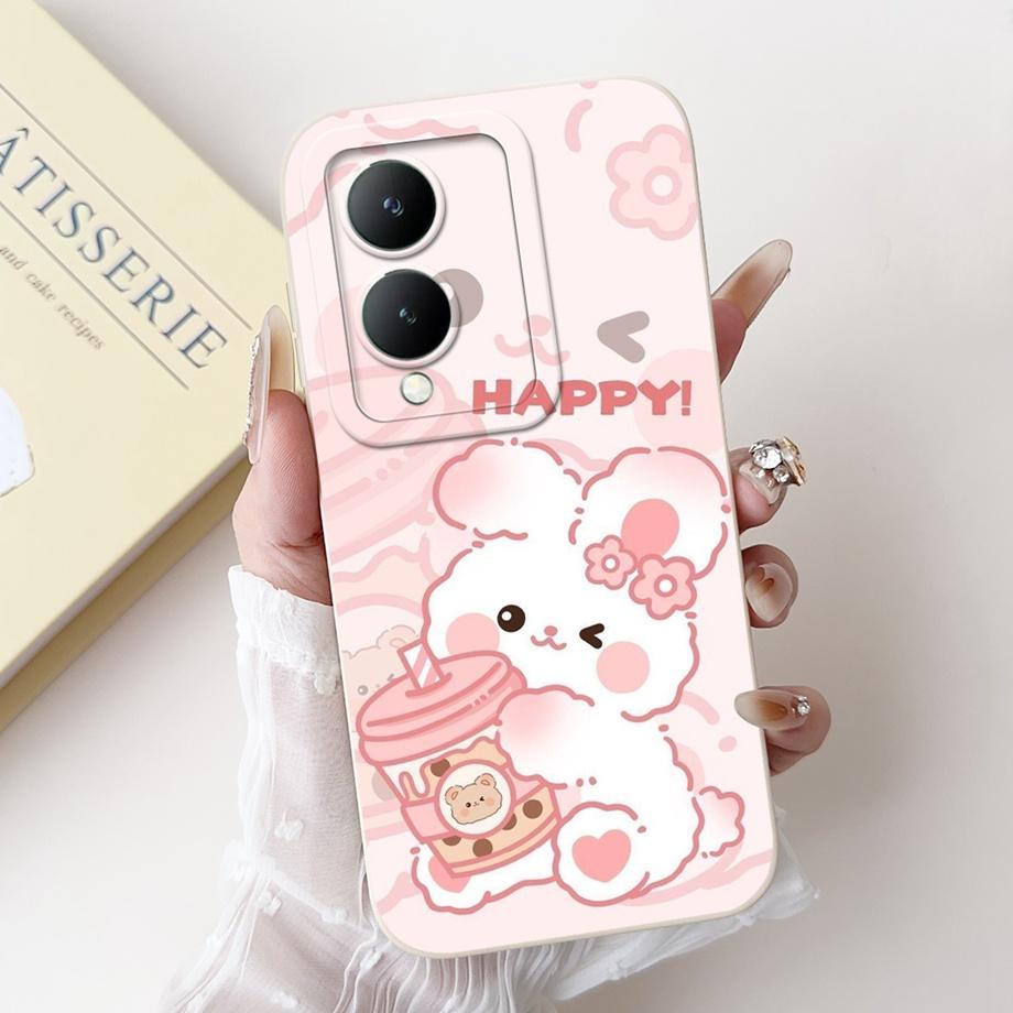 For Vivo Y28 5G Y29 5G V2420 Phone Case Vivo Y17s Y19s V2419 Back Cover Soft Liquid Silicone Pnada Rabbit Flower Cute Fundas