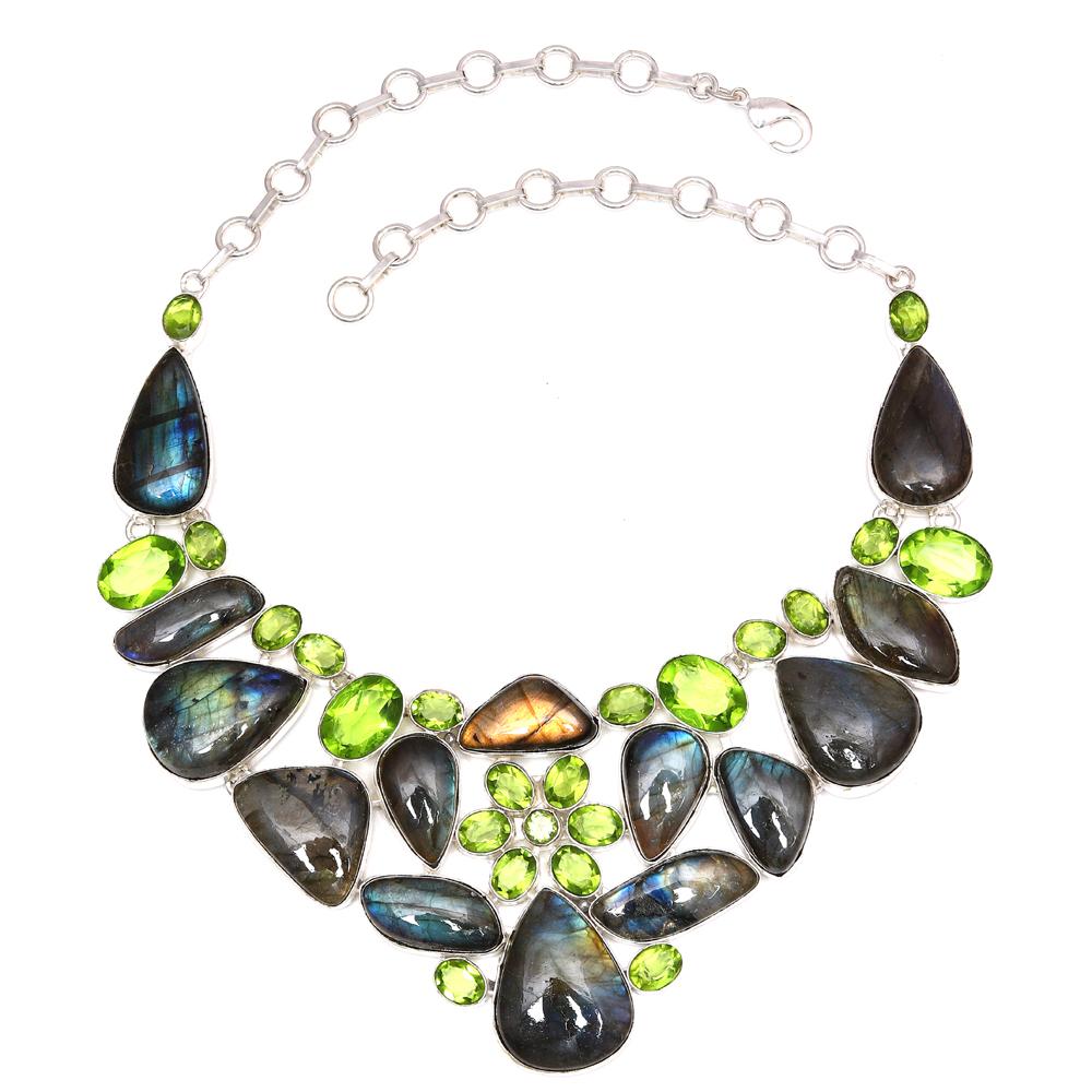 Shiney Labrodorite Peridot Quartz Jewelry Necklace Set 16-18''