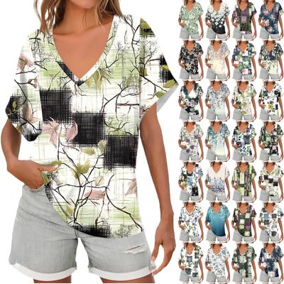 Womens Short Sleeve V-Neck Shirts Floral Print Loose Casual Basic Tees Summer Tops