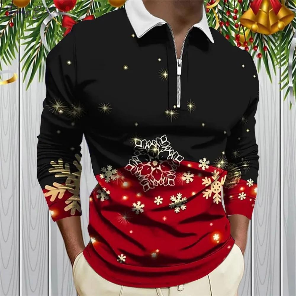 Weihnachts-Poloshirt für Herren Grafikdruck Lässig Revers Golfbekleidung Herren T-Shirt Oberteile Mode Sport Langarm Herrenbekleidung