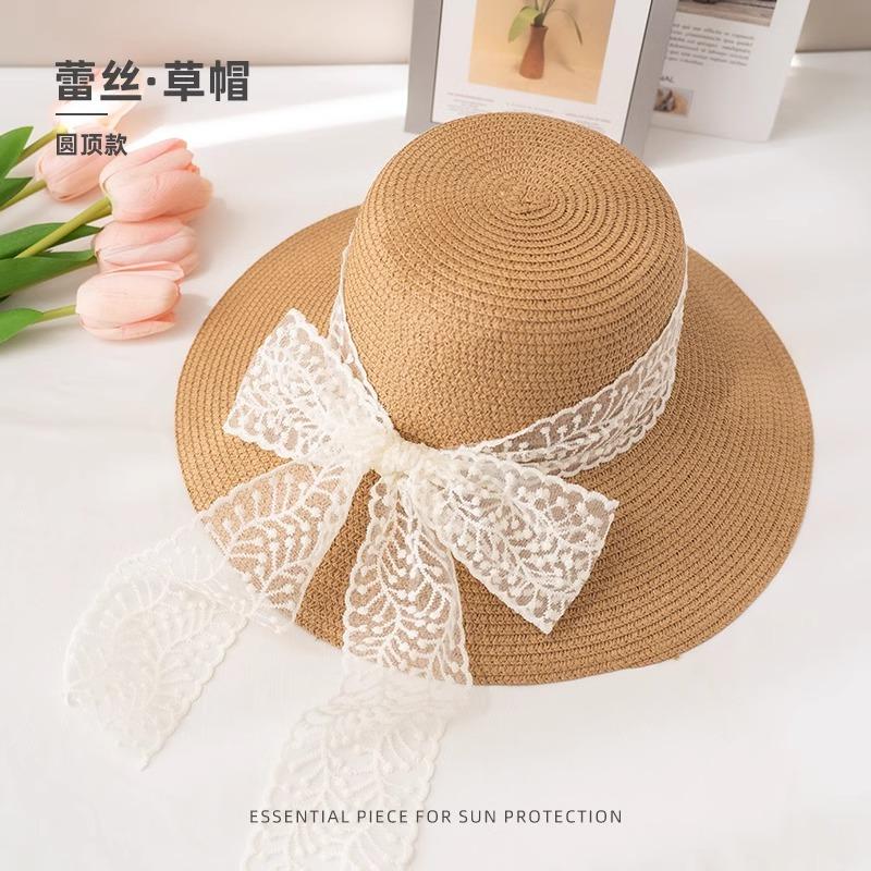 Lace Bow Straw Hat Women's Summer French Large Brim Sunscreen Hat Seaside Beach Vacation Sun Hat