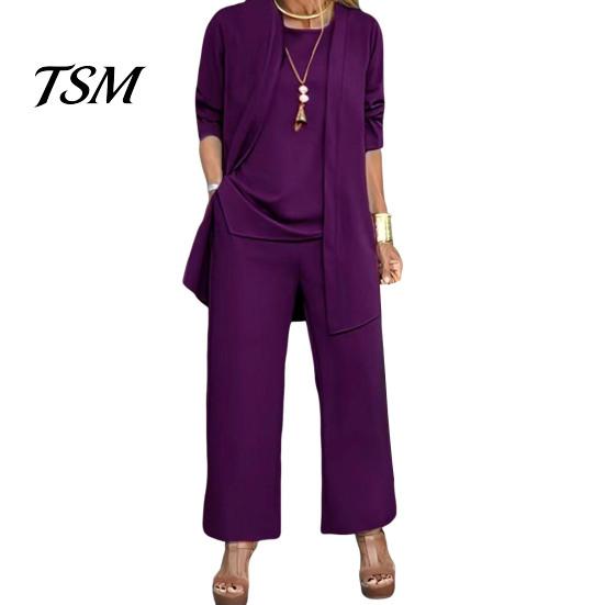 Damen Alltagsmode 3-teiliges Set Damen Mantel Weste Hosen Set Langarm Strickjacke Rundhals Ärmellos Elastische Taille Weiter Bein Hosen Casual Lockerer Hosenanzug
