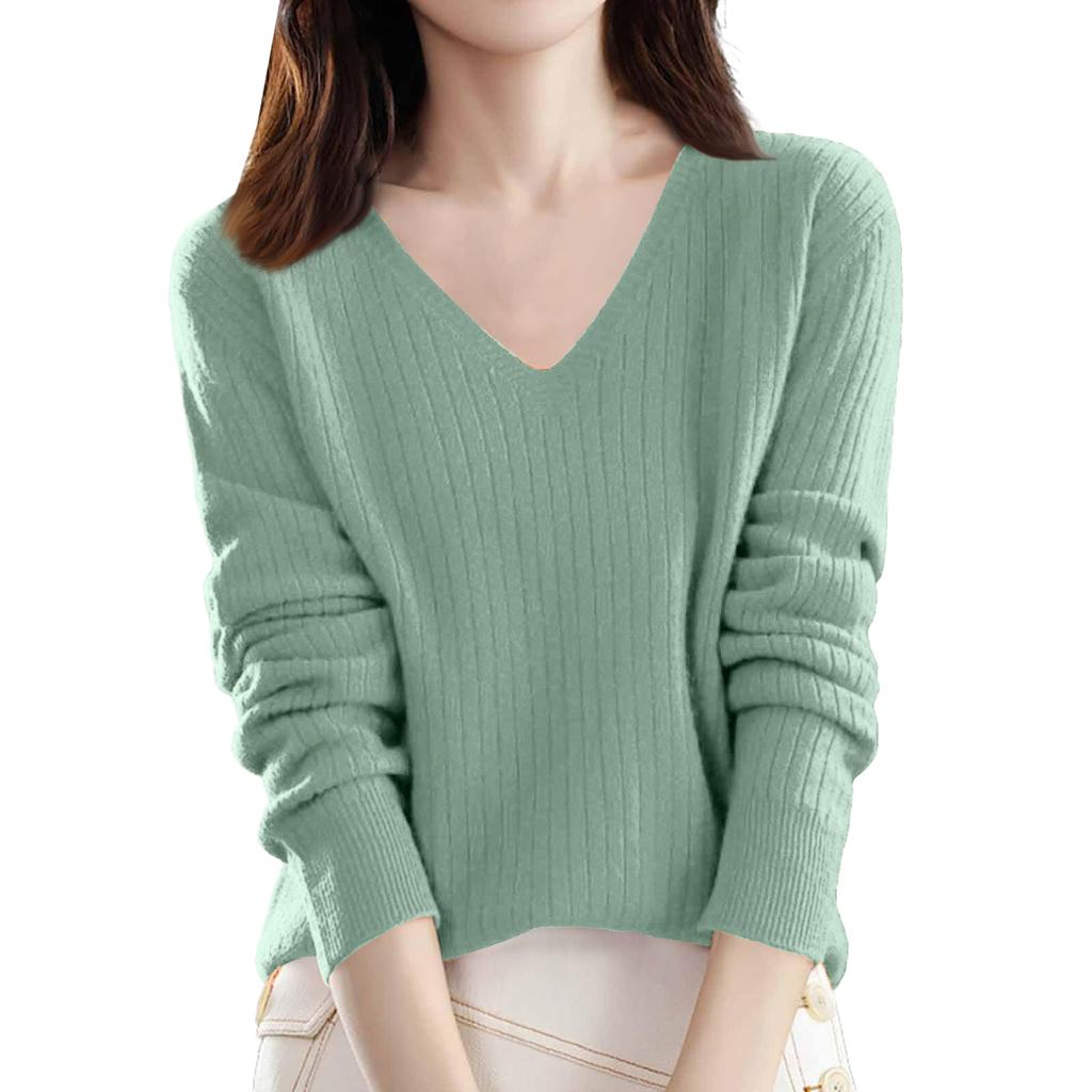 Women's Loose-Fit Knitted Base Layer Sweater V-Neck Pullover Long Sleeves Solid Colour