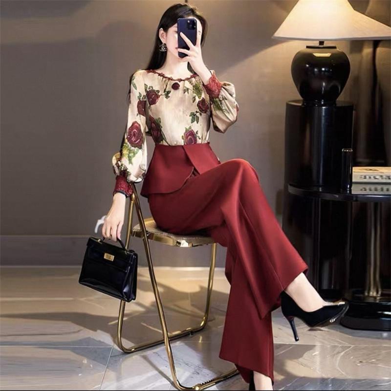 Spring Autumn Women Temperament Elegant Countryside Style Chinese High-end Feeling Red Flower Top Suit Pants Two-piece Set