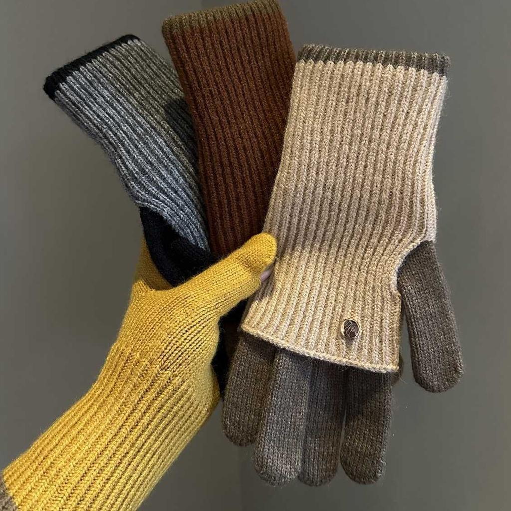 Autumn and Winter Long and Short Dual-purpose Color Matching Knitted Gloves Wool Can Touch The Screen To Play Mobile Phone Warm Riding Gloves