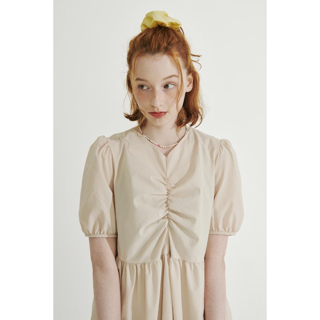 BETWEEN A AND B V-Neck Shirred Mini Dress [Beige]