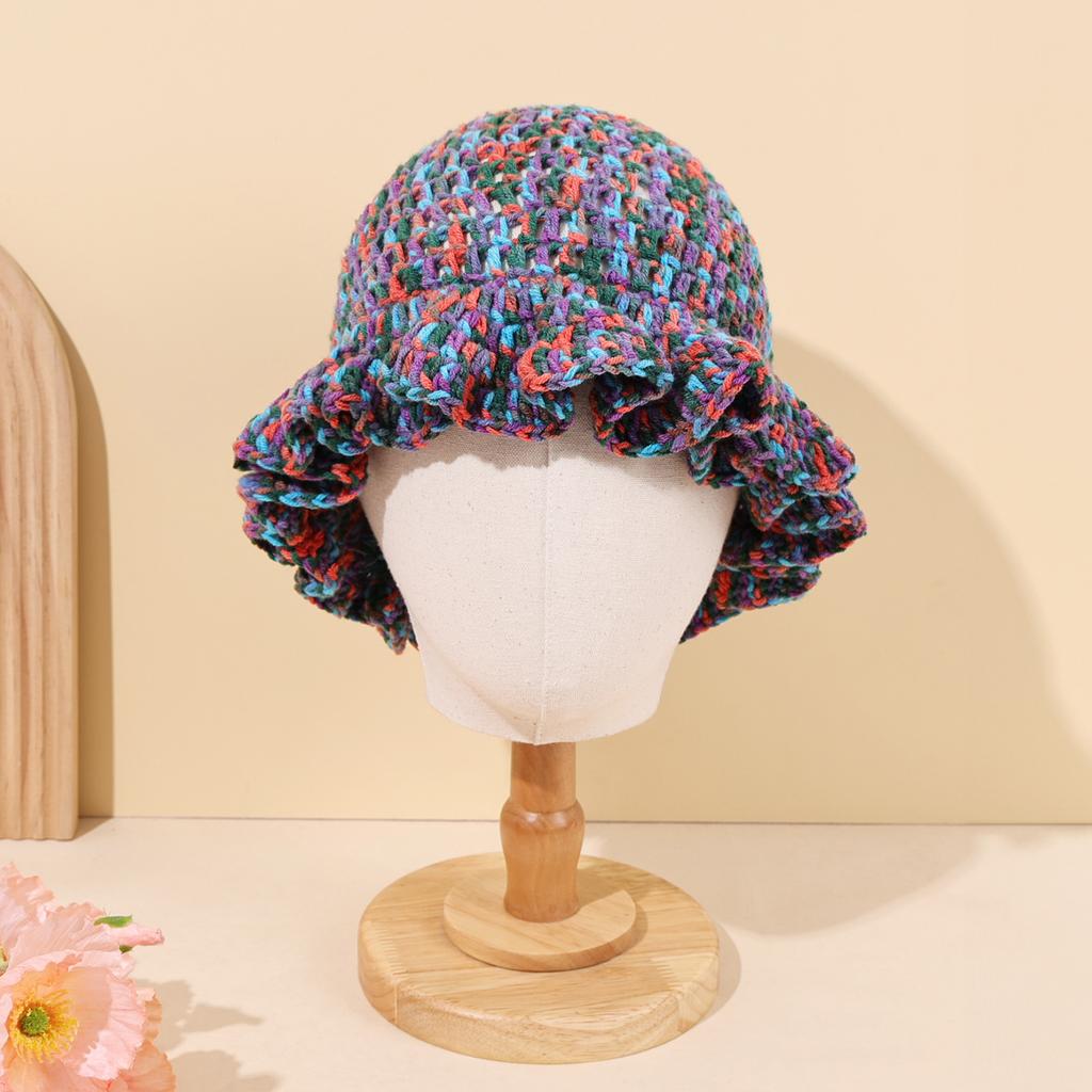 Autumn/winter Warm Handmade Knitted Mixed Color Lotus Leaf Edge Knitted Basin Hat Woolen Fisherman Hat
