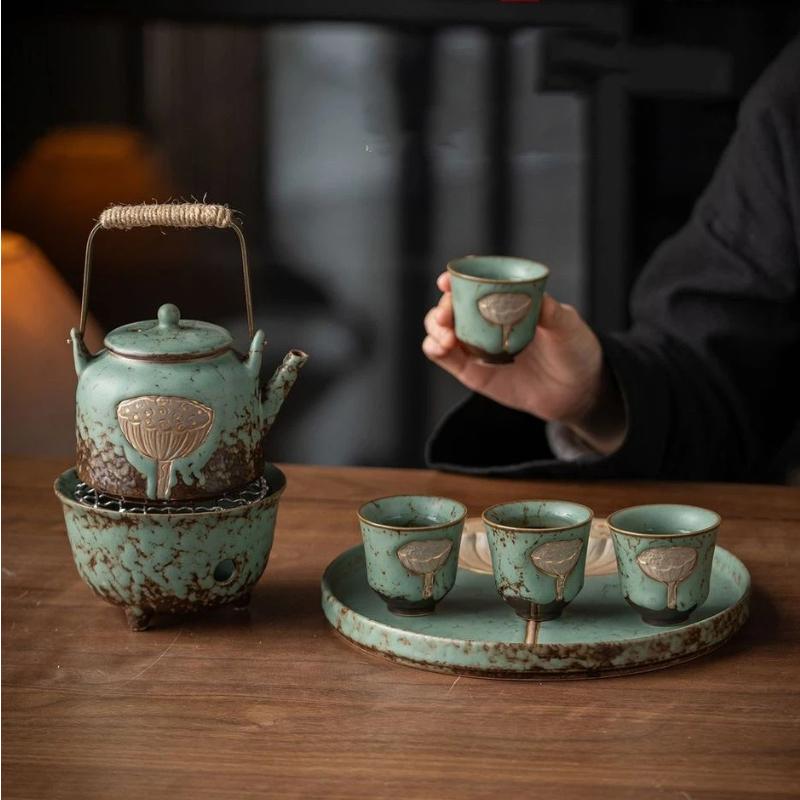 Vintage Kiln-Glazed Ceramic Lotus Pod Teapot Set, Chinese Gongfu Tea Set for Home & Tea Ceremony