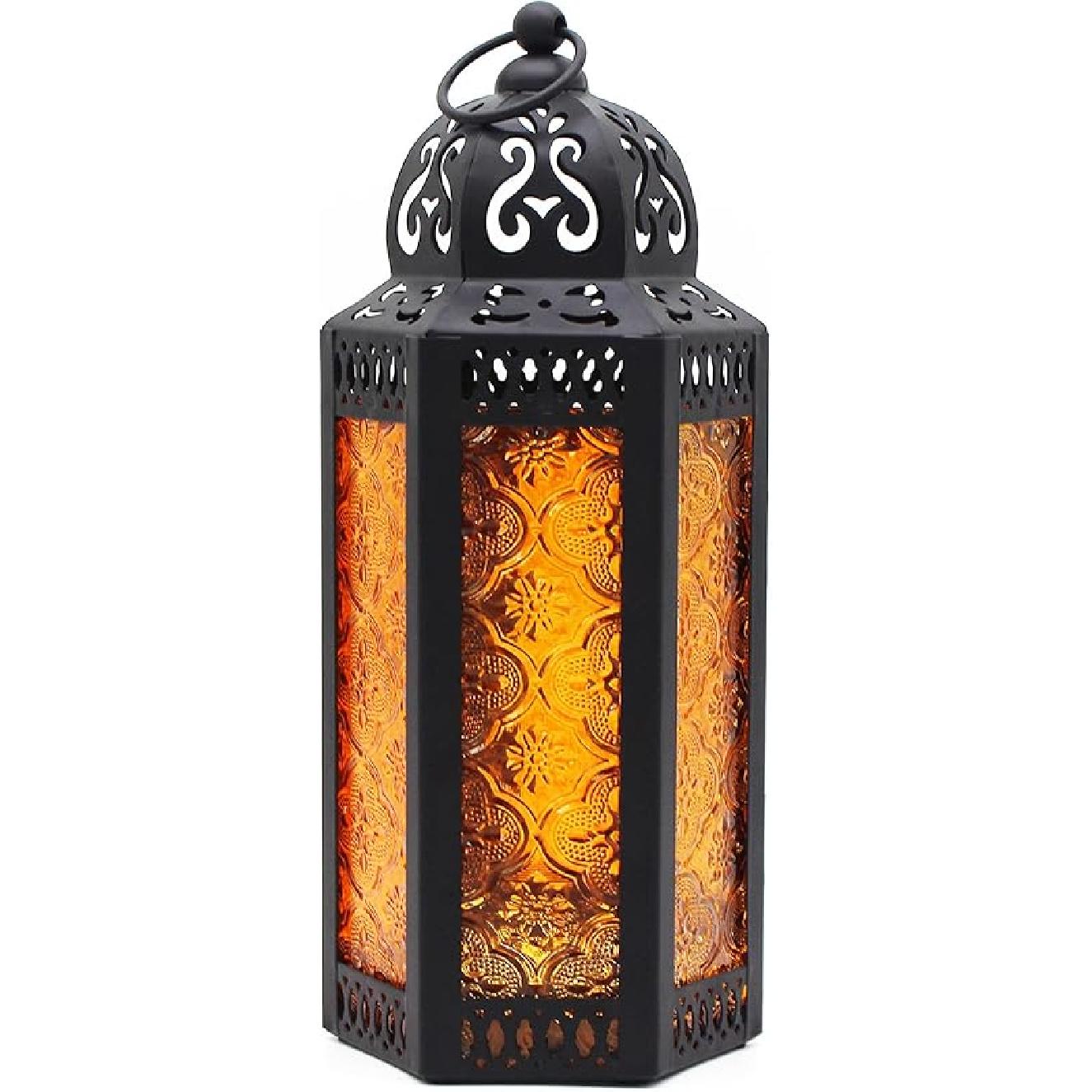 CVHOMEDECO. Decorative Candle Lantern Moroccan Lanterns Vintage Black Metal Lantern Holder for Home Patio Outdoor Decor. Amber Glass, Medium