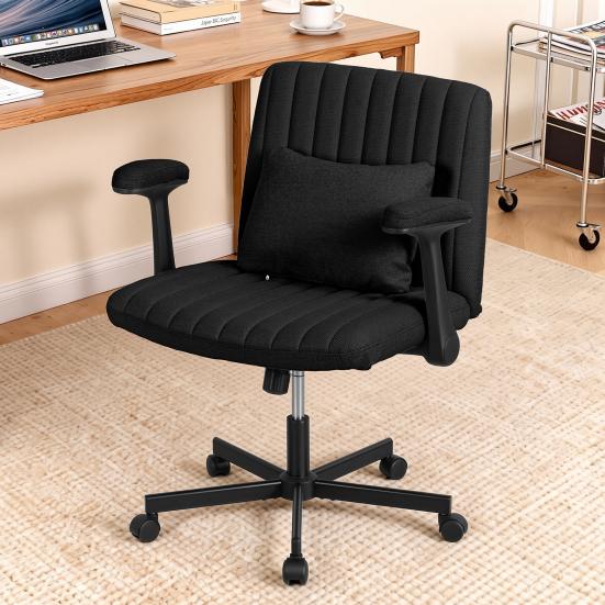Cross-Legged Office Chair with Wheels & Adjustable Flip-up Arm, Desk Chair with Backrest, Thick Cushion, Wide Seat, Computer Chair for Home, Office,