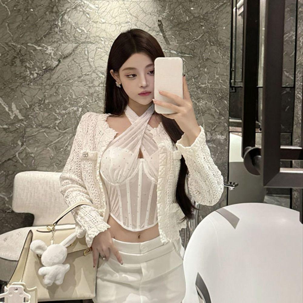 Slim Fit Rhinestone Corset Sleeveless Neck Halter Crop Top Elegant Mesh Crystal Camisole  Party