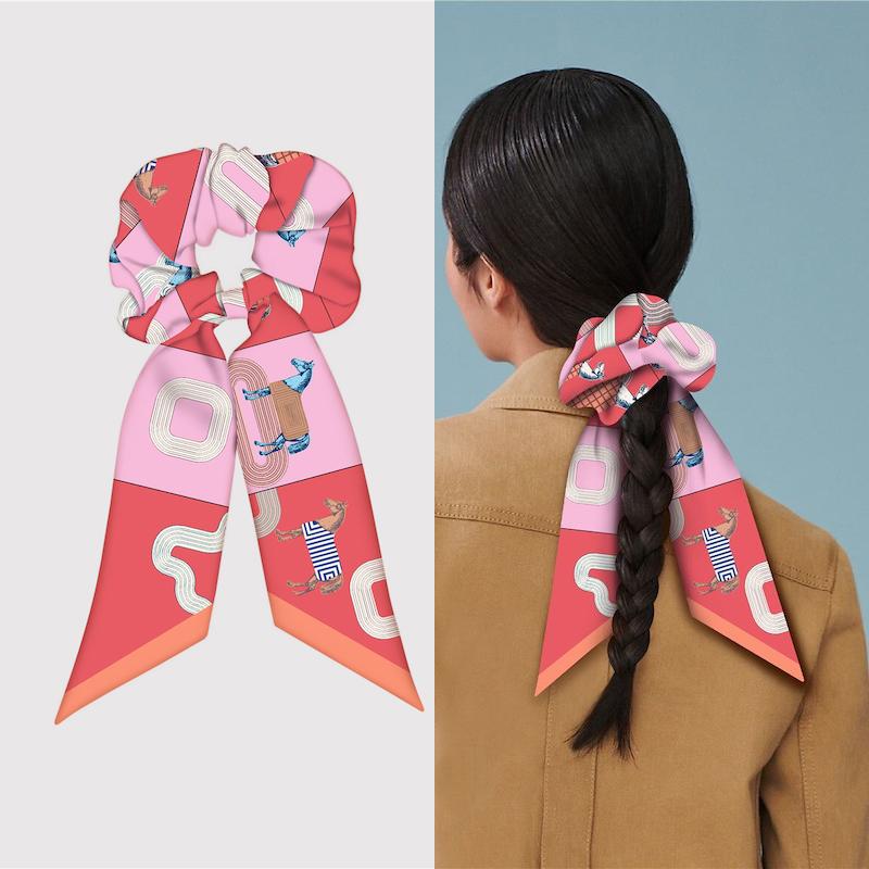 Girl Hair Silk Scarf Lady Elastic Scrunchies Ties Band Accessories Luxury Design Horse Print Ponytail Hairstyle Hairbands Ribbon