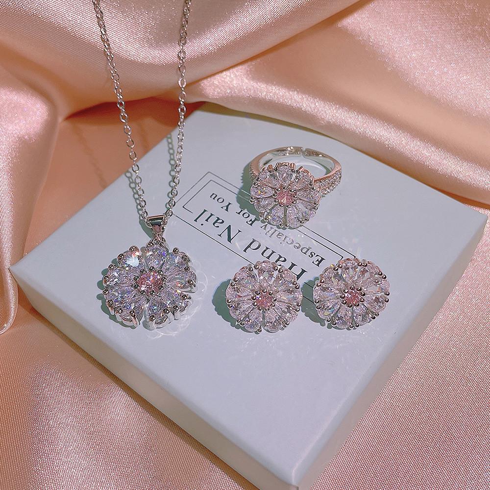 Flower Crystal Bling Diamonds Gemstones Pendant Earrings Ring Jewelry Sets for Women White Gold Filled Wedding Accessories Gifts