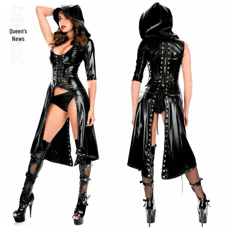 Rubberized Patent Leather Cape Tights & Queen Costume Sexy Lingerie Set
