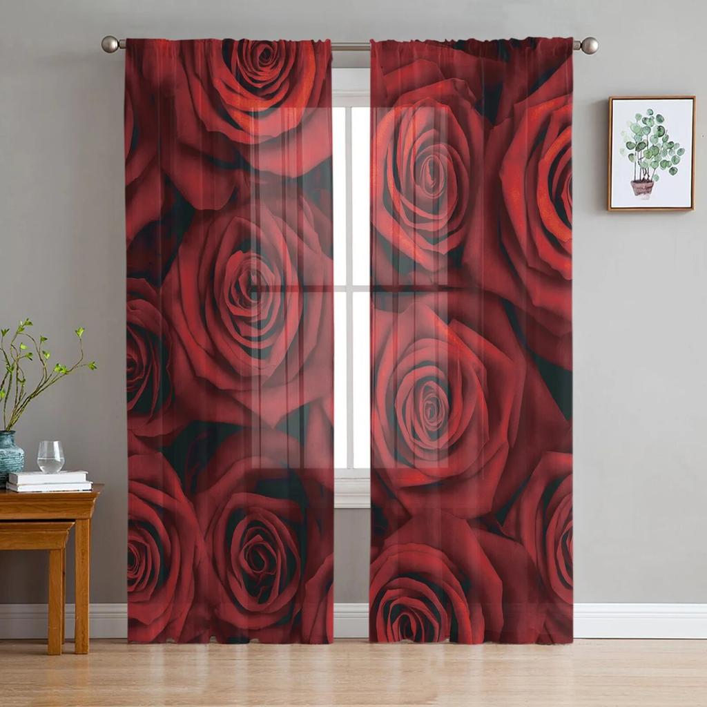 Valentine'S Day Flower Red Rose Flower Tulle Curtains for Living Room Kitchen Sheer Voile Curtain Bedroom Window Panels