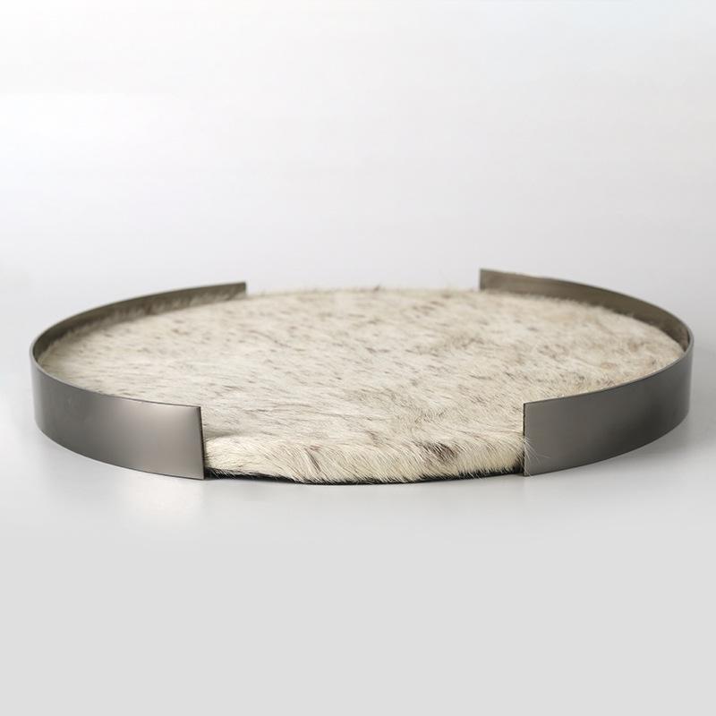 Designer Light Luxury Leather Stainless Steel Imitation Horse Hair Round Tray Decoration Living Room Entrance Hotel Soft Decoration Decoration