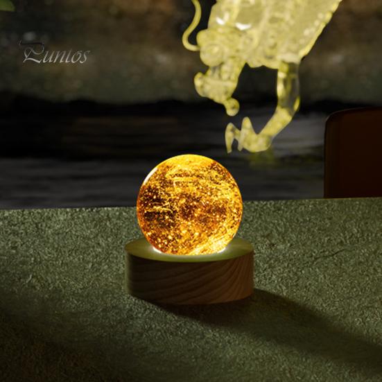 Faux Crystal Glass Balls USB Powered LED Chakra Ball with Wooden Base Ice Cracked Spheres Night Light for Meditation Home Table Decor