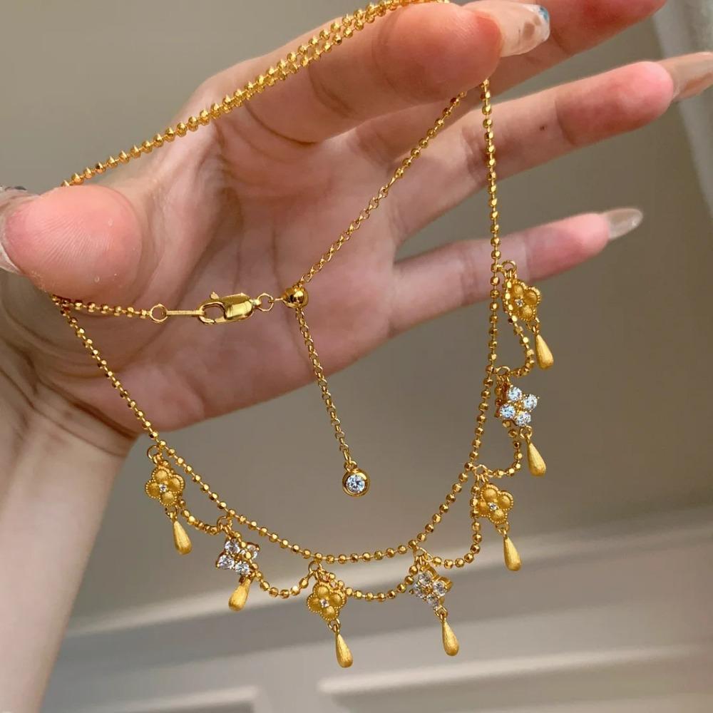 Luxury Four Leaf Clover Necklace Women Elegant Drop Tassel Diamond Vintage Princess Chain Collarbone Jewelry Gift