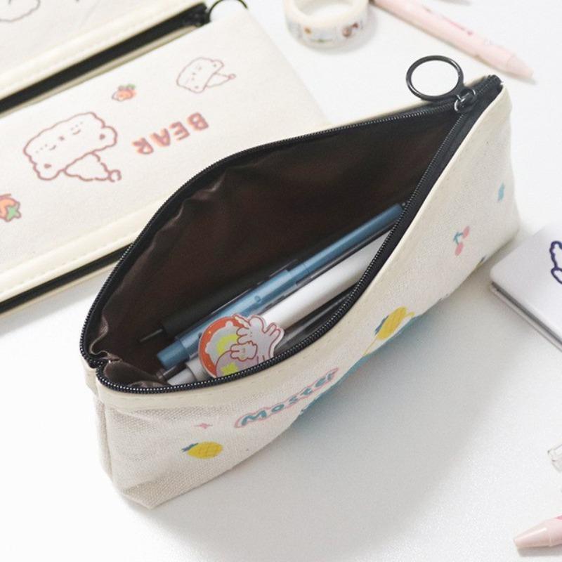 The New Popular Japanese Simple Large-capacity Pencil Case Ins Cartoon Bear Canvas Junior High School Student Pencil Stationery Box